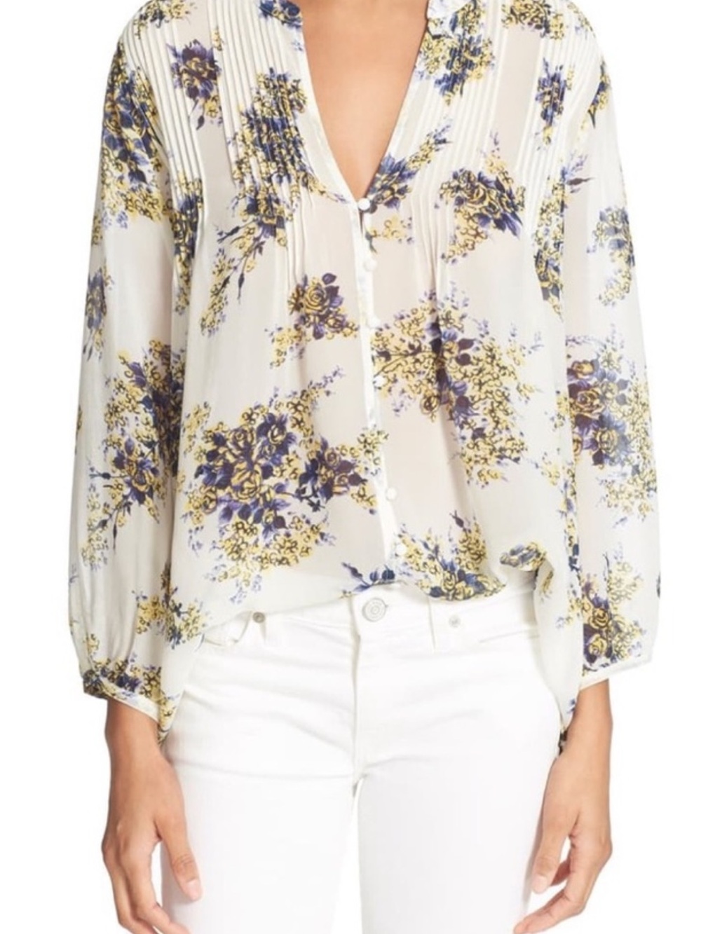 Joie Porcelain Laurel Floral 100% Silk Blouse Medium